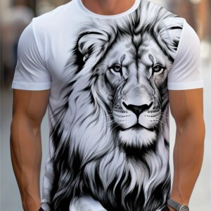 Mens Lion Print Short Sleeve Crew Neck T-Shirt Soft Breathable Casual Wear Outdoor Activities Summer Essential Clothing Tshirts