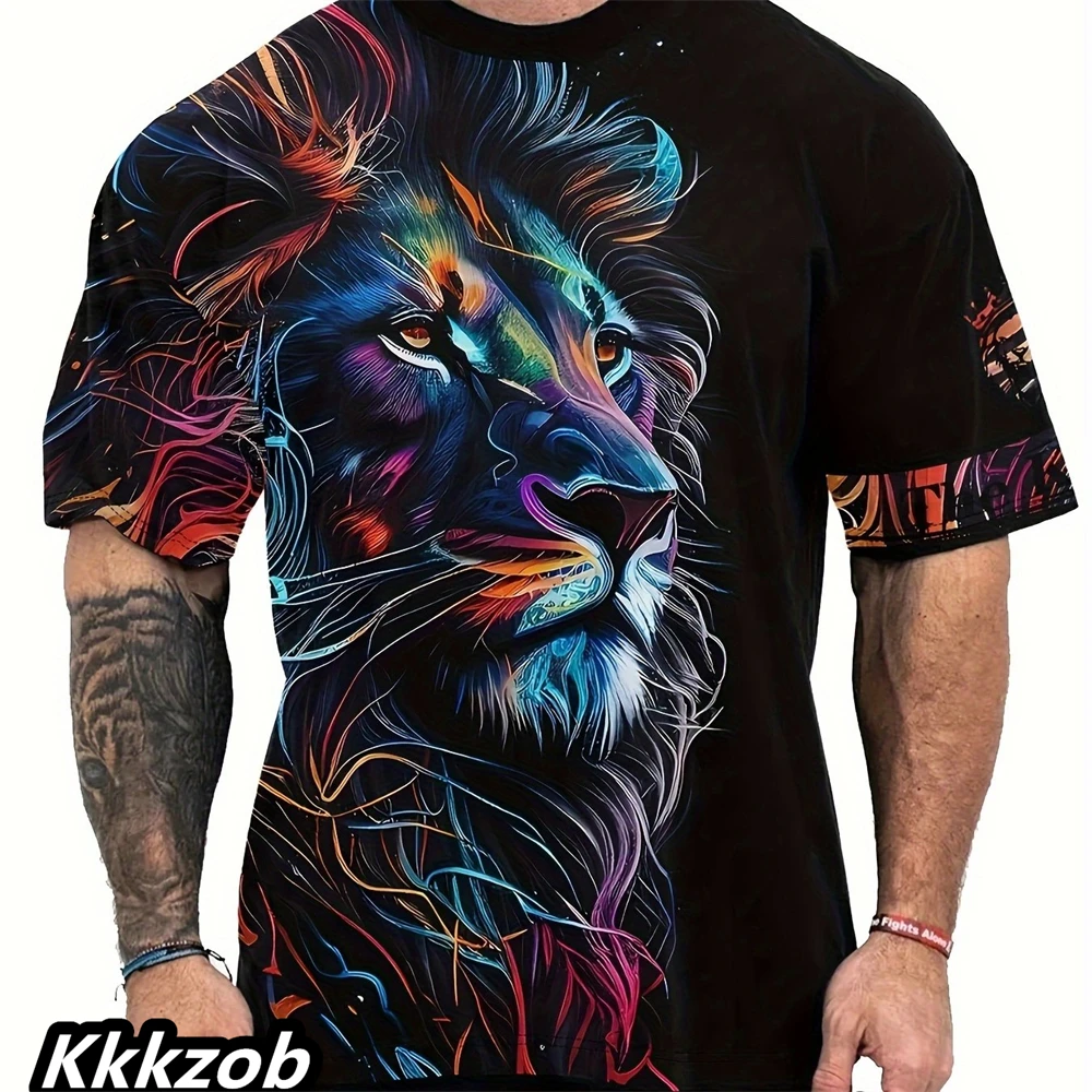 Mens Lion Print Short Sleeve Crew Neck T-Shirt Soft Breathable Casual Wear Outdoor Activities Summer Essential Clothing Tshirts