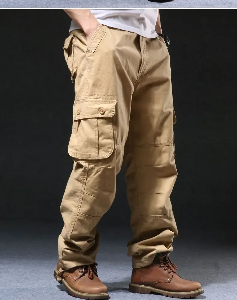 Cross-Border Men's Cargo Pants Spring Autumn Loose-Fit Pure Cotton Multi-Pocket Plus Size Straight-Leg Casual Pants
