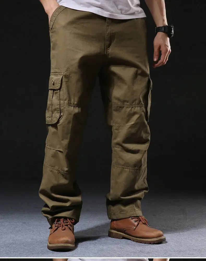 Cross-Border Men's Cargo Pants Spring Autumn Loose-Fit Pure Cotton Multi-Pocket Plus Size Straight-Leg Casual Pants