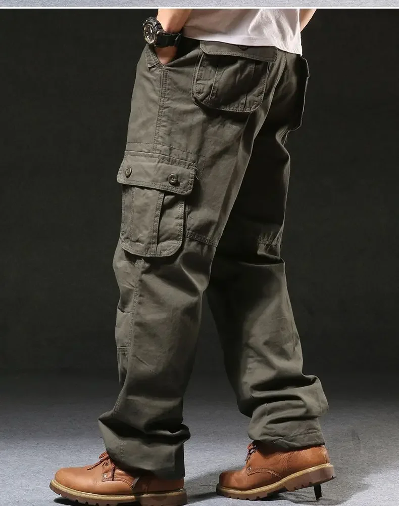 Cross-Border Men's Cargo Pants Spring Autumn Loose-Fit Pure Cotton Multi-Pocket Plus Size Straight-Leg Casual Pants
