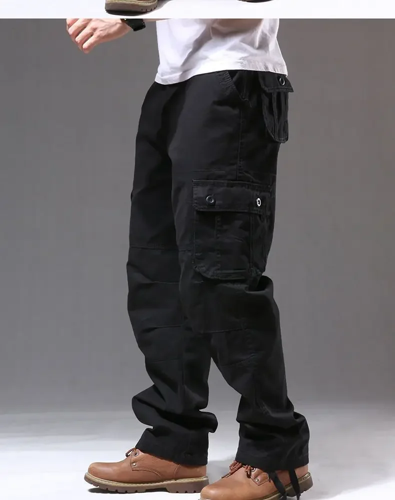 Cross-Border Men's Cargo Pants Spring Autumn Loose-Fit Pure Cotton Multi-Pocket Plus Size Straight-Leg Casual Pants