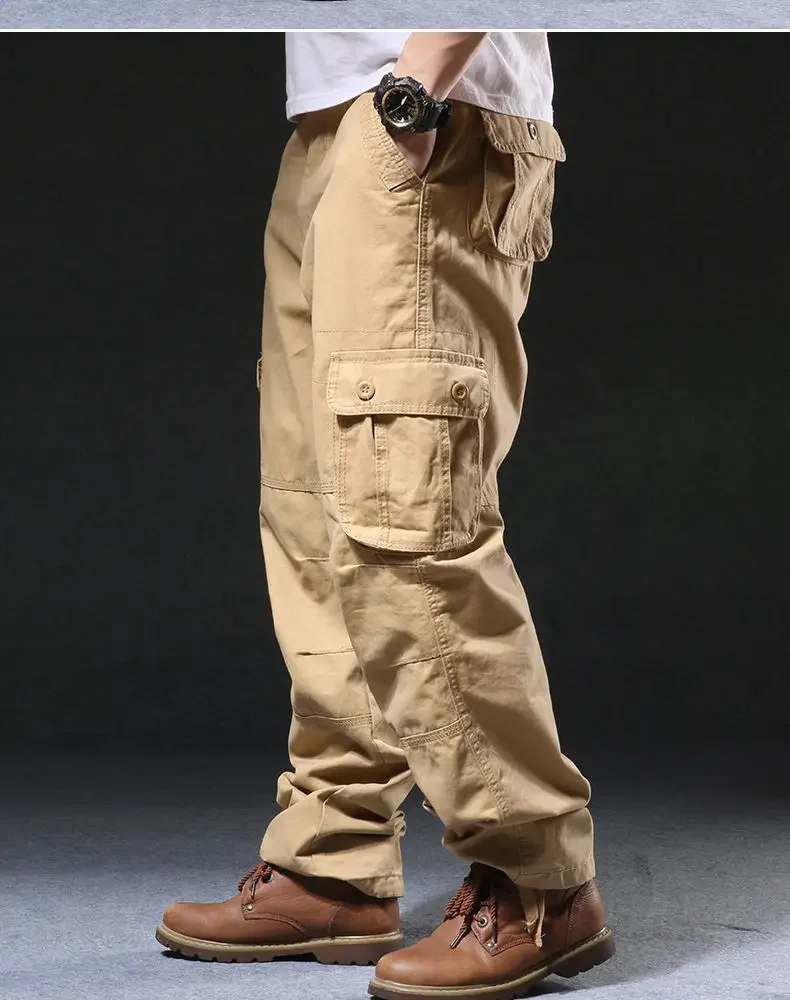 Cross-Border Men's Cargo Pants Spring Autumn Loose-Fit Pure Cotton Multi-Pocket Plus Size Straight-Leg Casual Pants