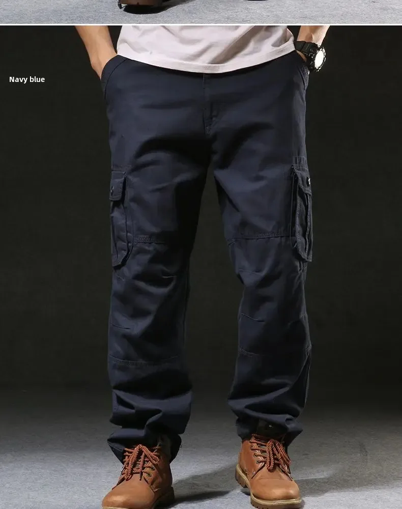 Cross-Border Men's Cargo Pants Spring Autumn Loose-Fit Pure Cotton Multi-Pocket Plus Size Straight-Leg Casual Pants