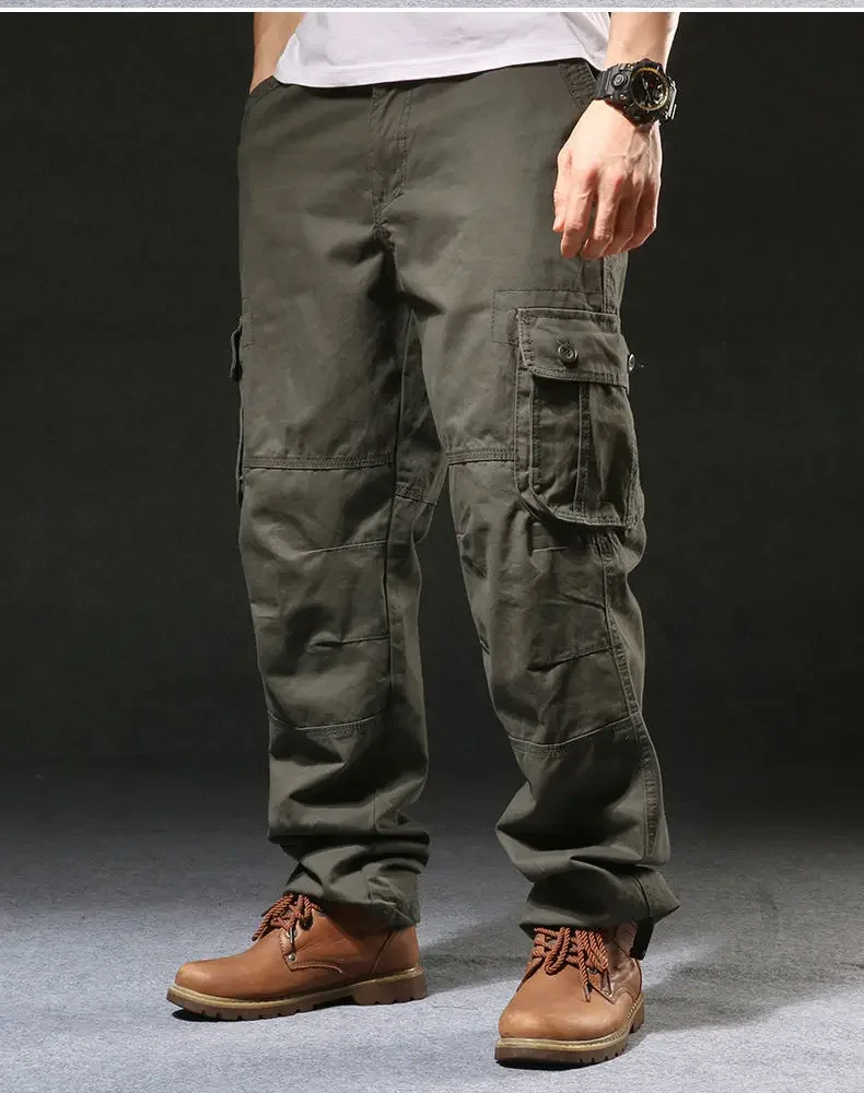 Cross-Border Men's Cargo Pants Spring Autumn Loose-Fit Pure Cotton Multi-Pocket Plus Size Straight-Leg Casual Pants