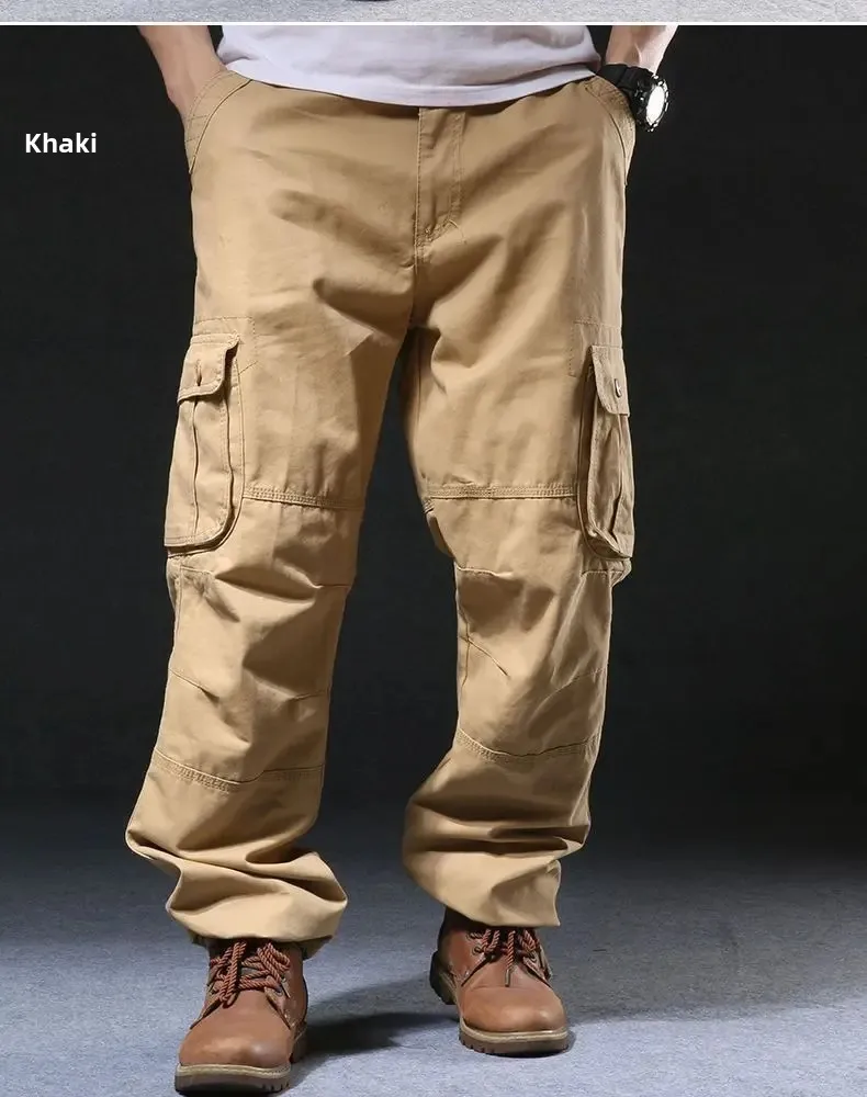 Cross-Border Men's Cargo Pants Spring Autumn Loose-Fit Pure Cotton Multi-Pocket Plus Size Straight-Leg Casual Pants