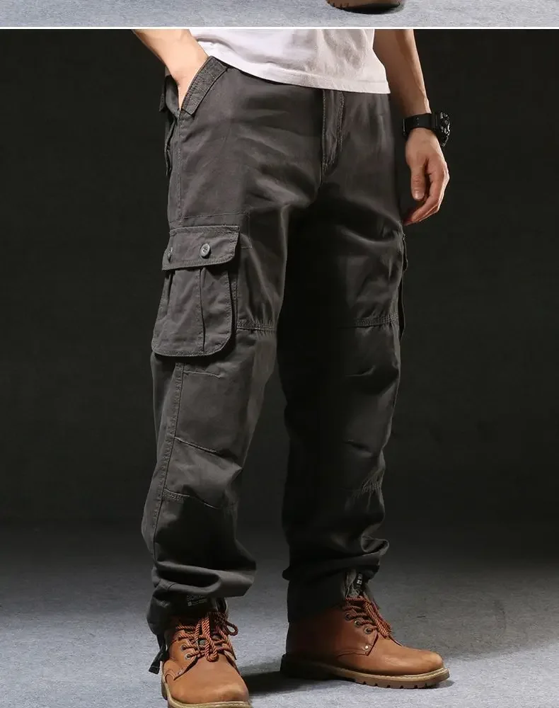 Cross-Border Men's Cargo Pants Spring Autumn Loose-Fit Pure Cotton Multi-Pocket Plus Size Straight-Leg Casual Pants