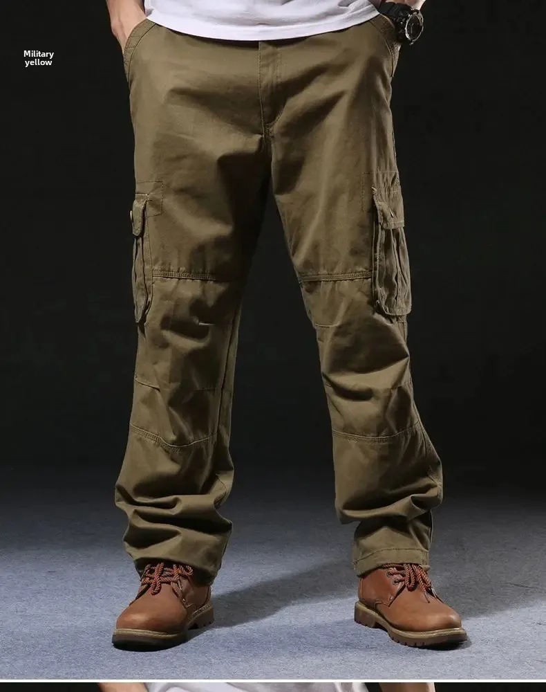 Cross-Border Men's Cargo Pants Spring Autumn Loose-Fit Pure Cotton Multi-Pocket Plus Size Straight-Leg Casual Pants