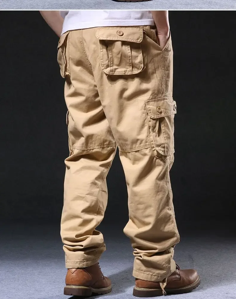 Cross-Border Men's Cargo Pants Spring Autumn Loose-Fit Pure Cotton Multi-Pocket Plus Size Straight-Leg Casual Pants