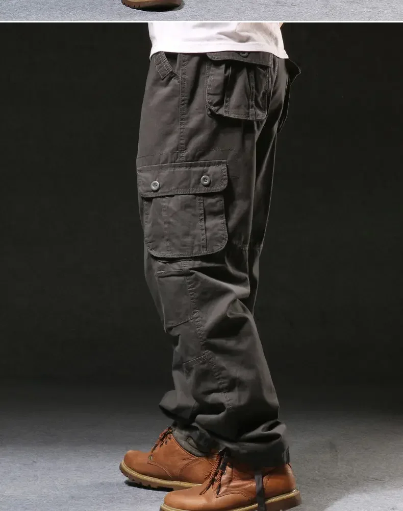Cross-Border Men's Cargo Pants Spring Autumn Loose-Fit Pure Cotton Multi-Pocket Plus Size Straight-Leg Casual Pants