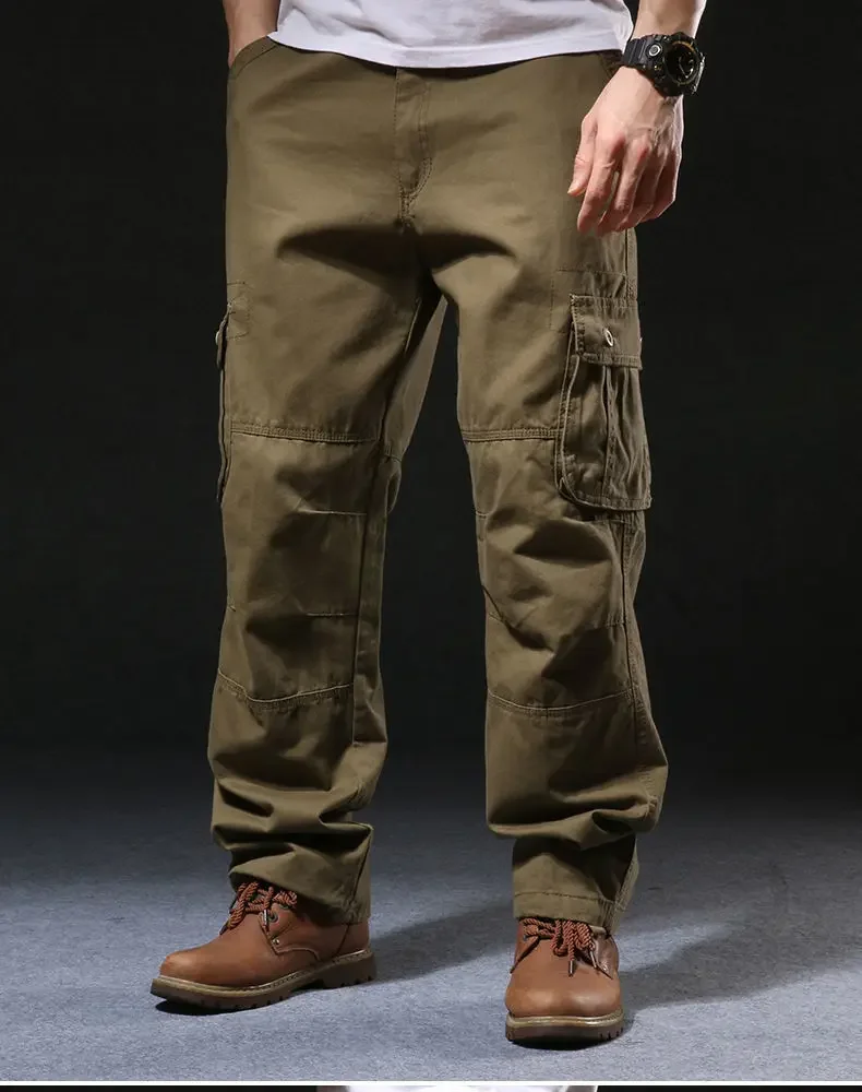 Cross-Border Men's Cargo Pants Spring Autumn Loose-Fit Pure Cotton Multi-Pocket Plus Size Straight-Leg Casual Pants