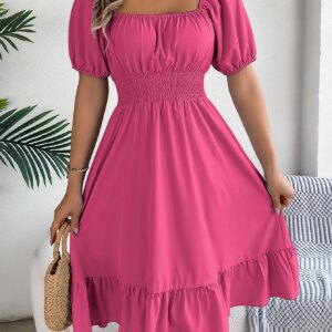Spring and Summer Elegant High Waisted Dress Square Neck Short Sleeved Ruffled Edge Long Dresses for Women