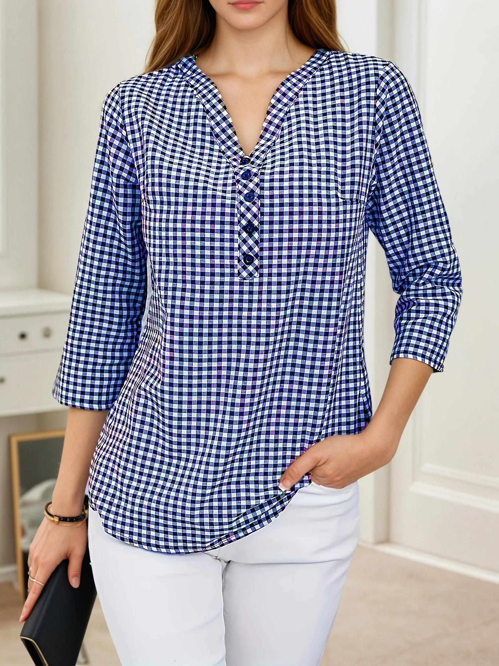 Plus Size Spring Autumn Women Fine Plaid Fashion Long Sleeve V-Neck Blouse Slim Fit Temperament Top Belly Covering Small Shirts