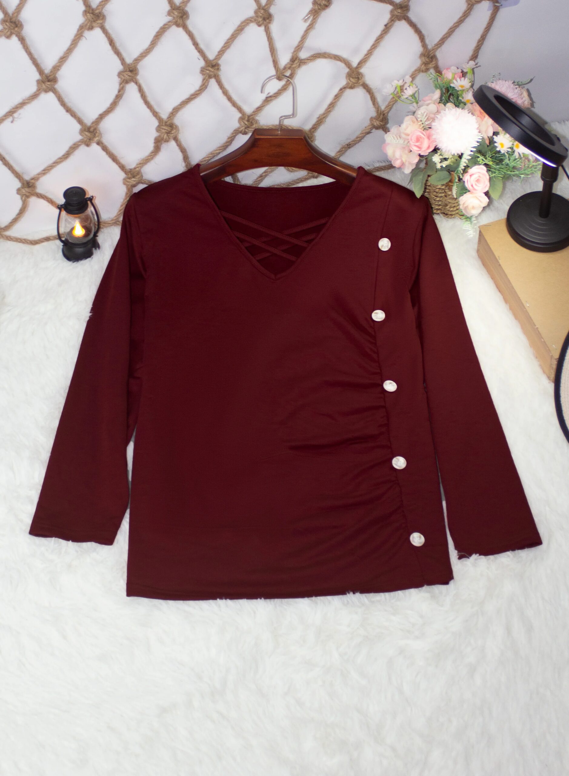Autumn and winter fashion elegant solid color button cross strap design V-neck thin plus size women's long sleeve T-shirt Autumn and winter fashion elegant solid color button cross strap design V-neck thin plus size women's long sleeve T-shirt