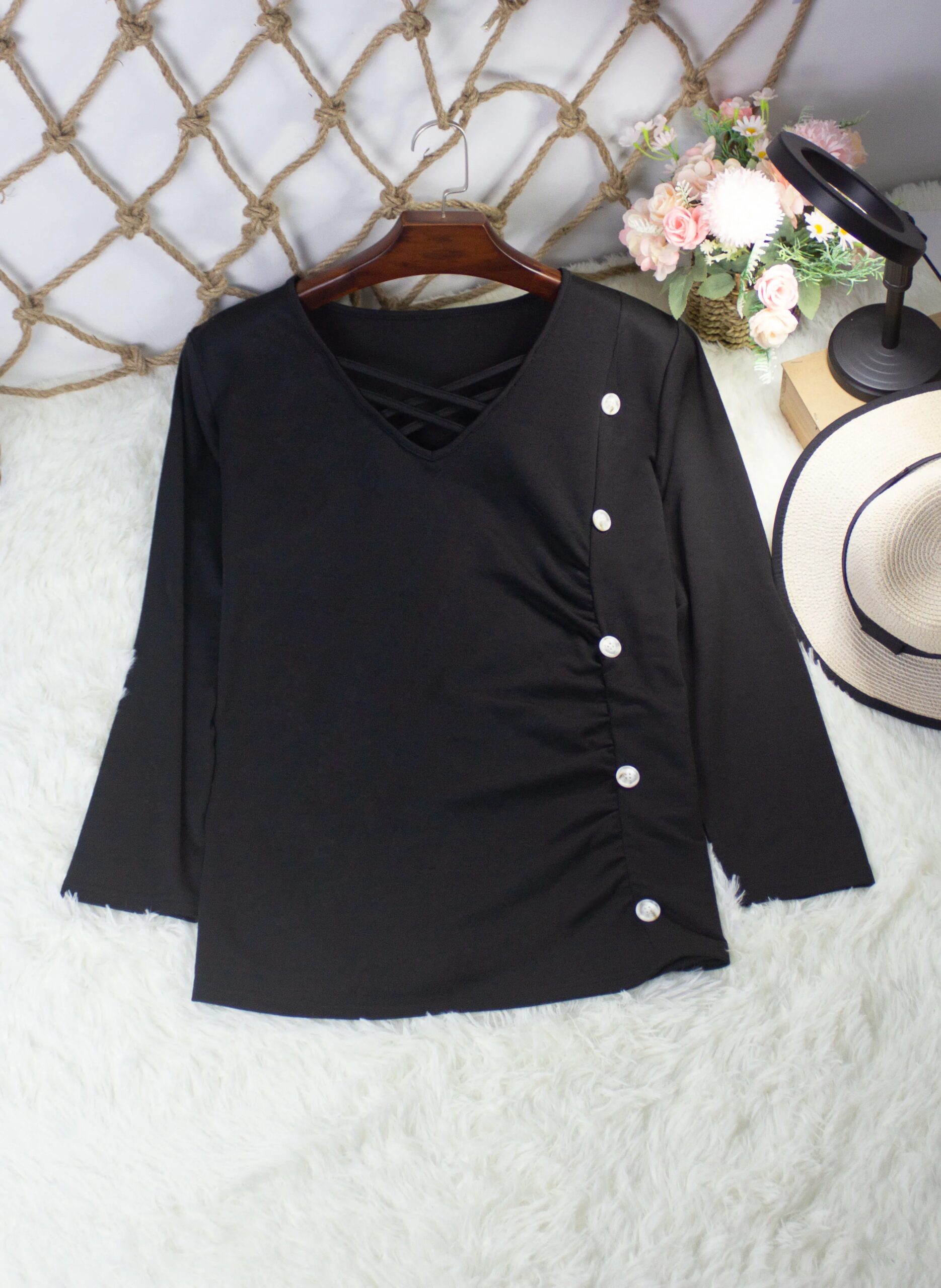 Autumn and winter fashion elegant solid color button cross strap design V-neck thin plus size women's long sleeve T-shirt Autumn and winter fashion elegant solid color button cross strap design V-neck thin plus size women's long sleeve T-shirt