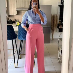 Autumn Casual High Waisted Pants Women Fashion Solid Button Pocket Straight Leg Wide Leg Casual Pants Women