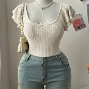 New women's fashion low-neck lace-sleeve bow-tie decoration plus-size women's T-shirt