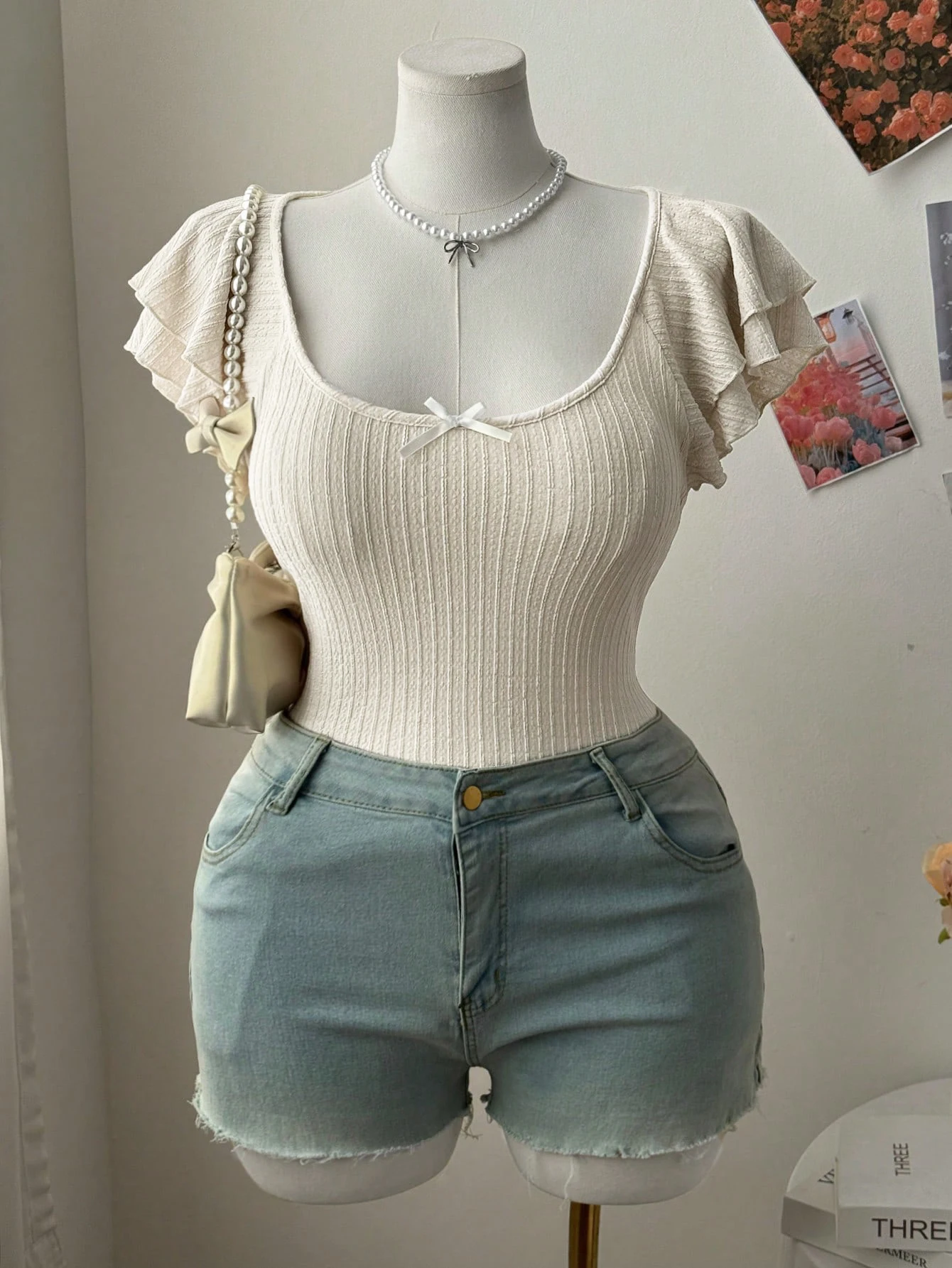 New women's fashion low-neck lace-sleeve bow-tie decoration plus-size women's T-shirt