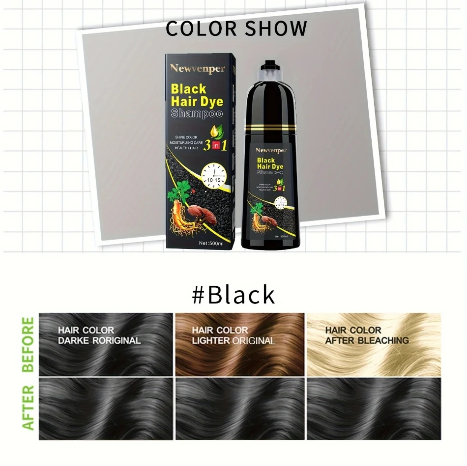 500ML/14.9 Fl.oz Black Hair Dye shampoo Coloring in Minutes Natural & Long Lasting Hair Dye Shampoo Men & Women Hair turn Black 500ML/14.9 Fl.oz Black Hair Dye shampoo Coloring in Minutes Natural & Long Lasting Hair Dye Shampoo Men & Women Hair turn Black