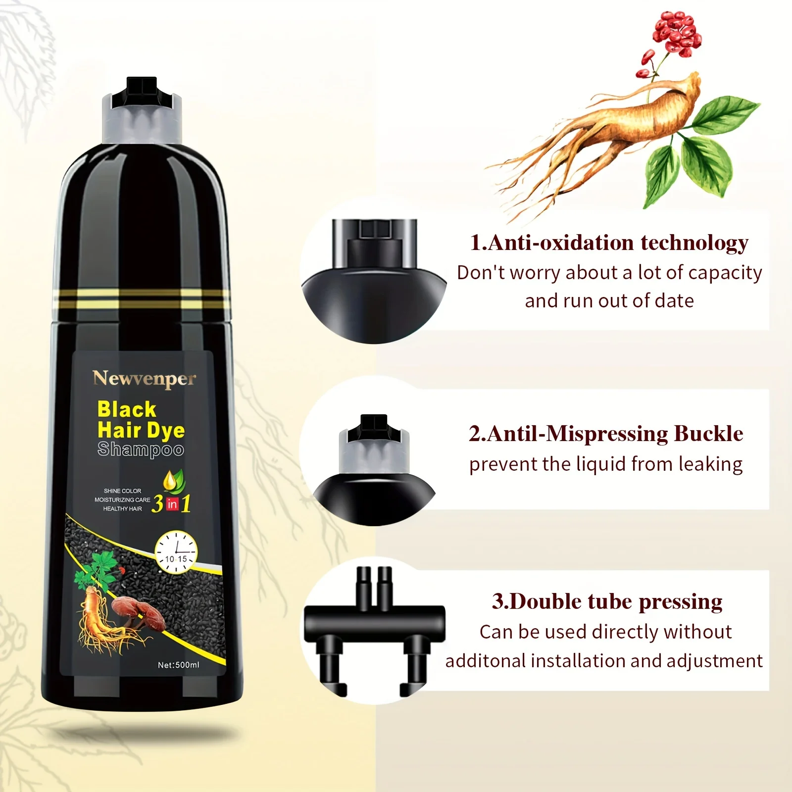 500ML/14.9 Fl.oz Black Hair Dye shampoo Coloring in Minutes Natural & Long Lasting Hair Dye Shampoo Men & Women Hair turn Black