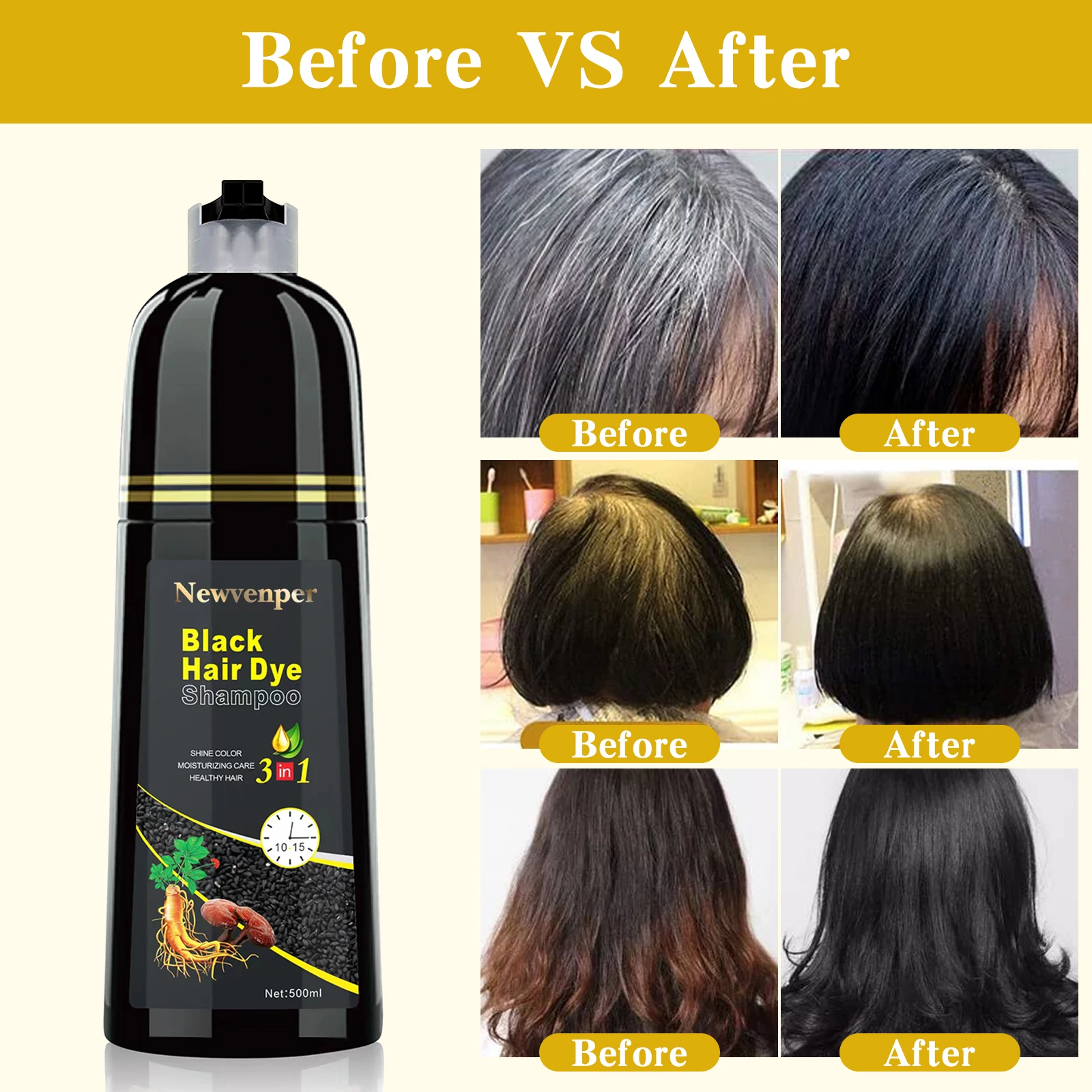 500ML/14.9 Fl.oz Black Hair Dye shampoo Coloring in Minutes Natural & Long Lasting Hair Dye Shampoo Men & Women Hair turn Black 500ML/14.9 Fl.oz Black Hair Dye shampoo Coloring in Minutes Natural & Long Lasting Hair Dye Shampoo Men & Women Hair turn Black