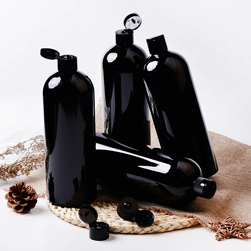 8pcs 1000ml white Black Round Plastic bottle With flip cover Shampoo shower gel packing 1L Transparent PET detergent bottle