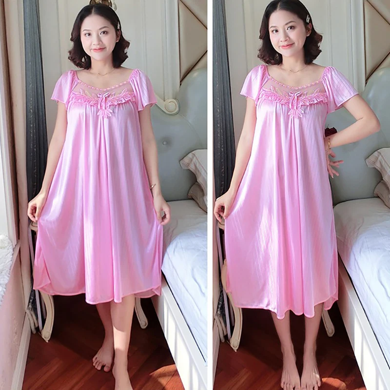 Ladies Ice Silk Nightgowns Sleeping Dress Medium Length Short Sleeve Nightdress Sexy Sleepwear Home Wear Loungewear Pyjama Femme Ladies Ice Silk Nightgowns Sleeping Dress Medium Length Short Sleeve Nightdress Sexy Sleepwear Home Wear Loungewear Pyjama Femme