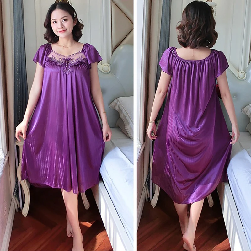 Ladies Ice Silk Nightgowns Sleeping Dress Medium Length Short Sleeve Nightdress Sexy Sleepwear Home Wear Loungewear Pyjama Femme Ladies Ice Silk Nightgowns Sleeping Dress Medium Length Short Sleeve Nightdress Sexy Sleepwear Home Wear Loungewear Pyjama Femme