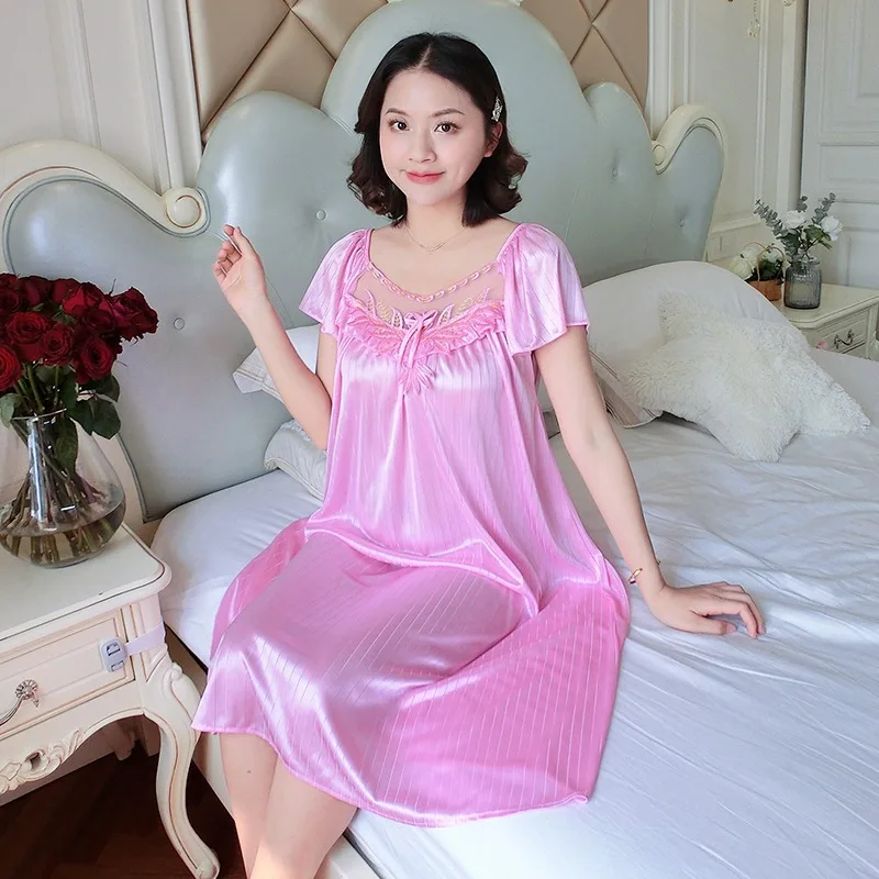 Ladies Ice Silk Nightgowns Sleeping Dress Medium Length Short Sleeve Nightdress Sexy Sleepwear Home Wear Loungewear Pyjama Femme Ladies Ice Silk Nightgowns Sleeping Dress Medium Length Short Sleeve Nightdress Sexy Sleepwear Home Wear Loungewear Pyjama Femme