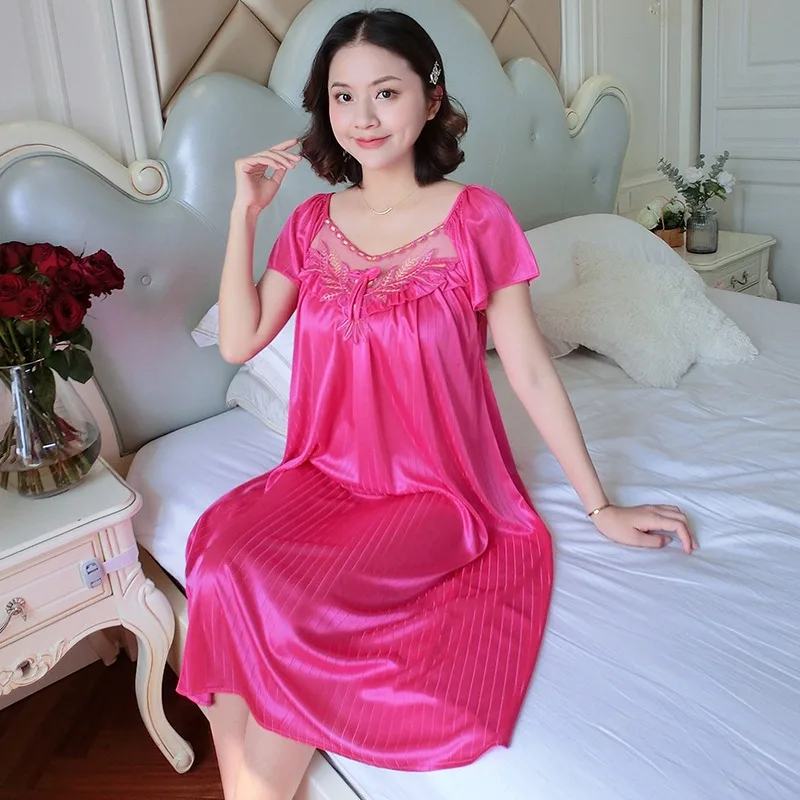 Ladies Ice Silk Nightgowns Sleeping Dress Medium Length Short Sleeve Nightdress Sexy Sleepwear Home Wear Loungewear Pyjama Femme Ladies Ice Silk Nightgowns Sleeping Dress Medium Length Short Sleeve Nightdress Sexy Sleepwear Home Wear Loungewear Pyjama Femme