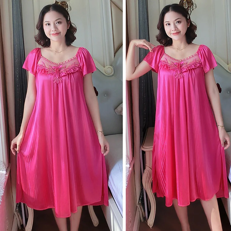 Ladies Ice Silk Nightgowns Sleeping Dress Medium Length Short Sleeve Nightdress Sexy Sleepwear Home Wear Loungewear Pyjama Femme Ladies Ice Silk Nightgowns Sleeping Dress Medium Length Short Sleeve Nightdress Sexy Sleepwear Home Wear Loungewear Pyjama Femme