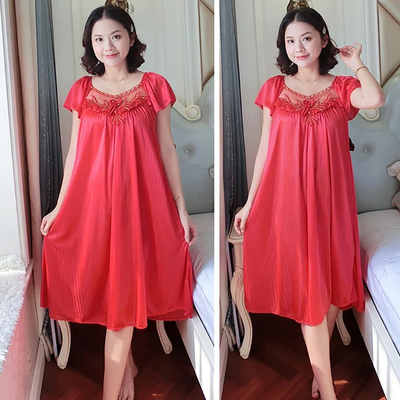 Ladies Ice Silk Nightgowns Sleeping Dress Medium Length Short Sleeve Nightdress Sexy Sleepwear Home Wear Loungewear Pyjama Femme Ladies Ice Silk Nightgowns Sleeping Dress Medium Length Short Sleeve Nightdress Sexy Sleepwear Home Wear Loungewear Pyjama Femme
