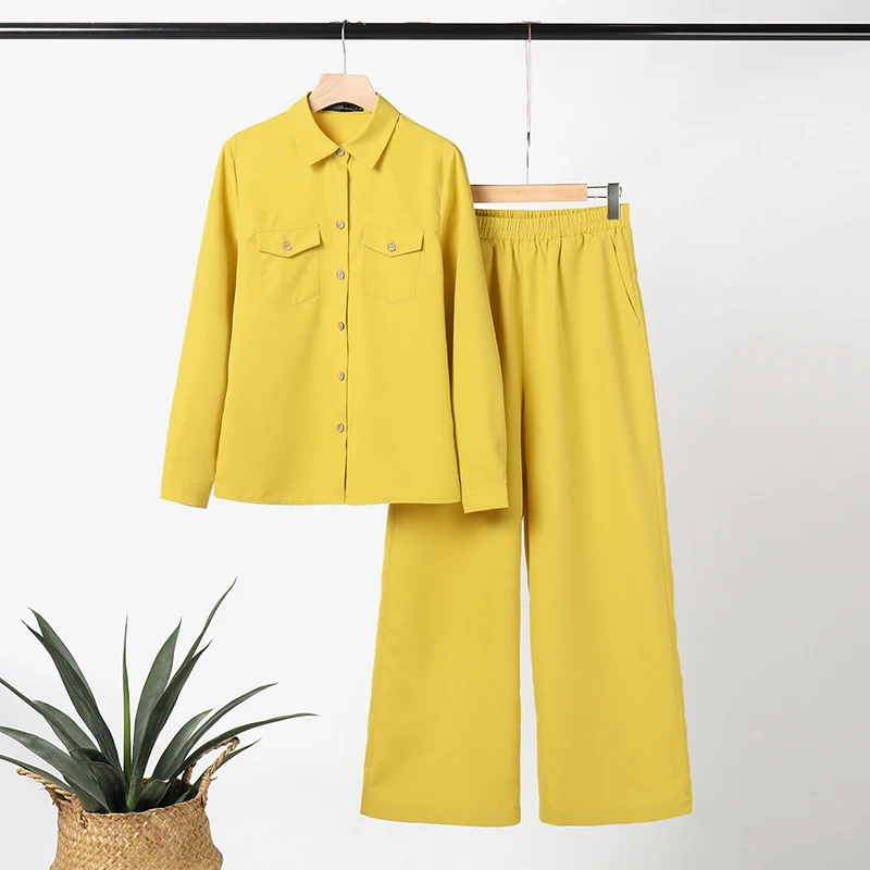 Women Elegant Lapel Neck Long Sleeve Shirt Pants Sets 2PCS Fashion Autumn Outifits Solid Work Trousers Suits Tracksuit