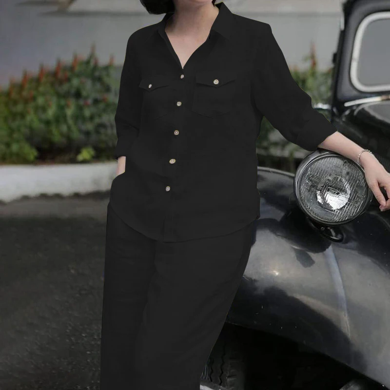Women Elegant Lapel Neck Long Sleeve Shirt Pants Sets 2PCS Fashion Autumn Outifits Solid Work Trousers Suits Tracksuit