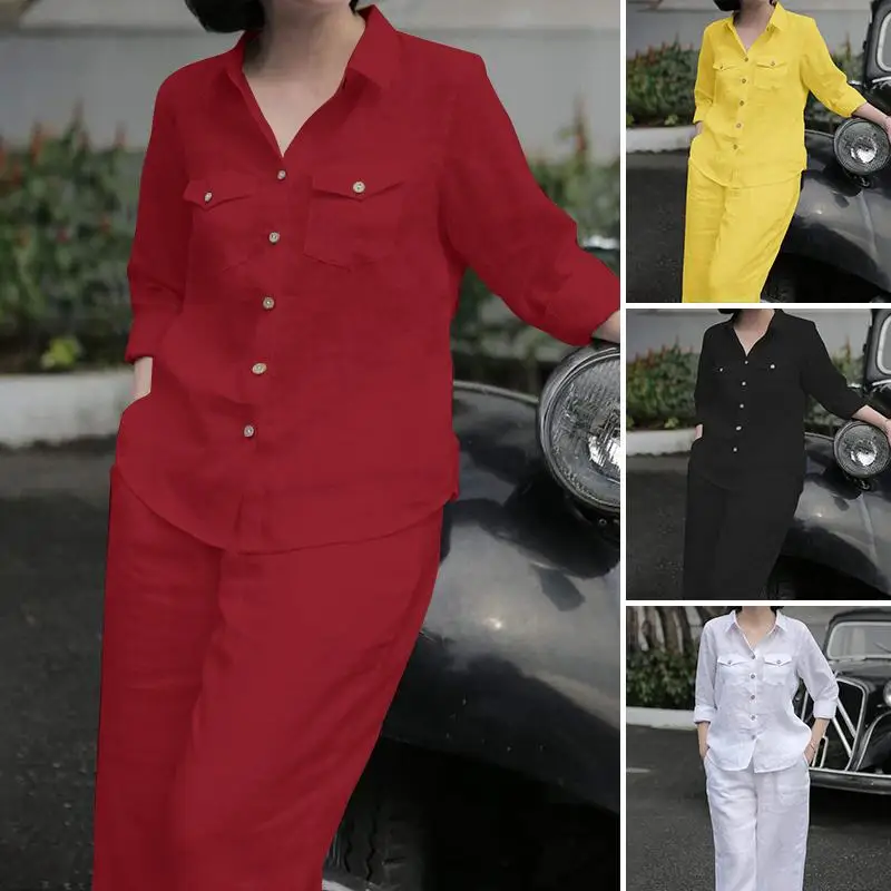 Women Elegant Lapel Neck Long Sleeve Shirt Pants Sets 2PCS Fashion Autumn Outifits Solid Work Trousers Suits Tracksuit