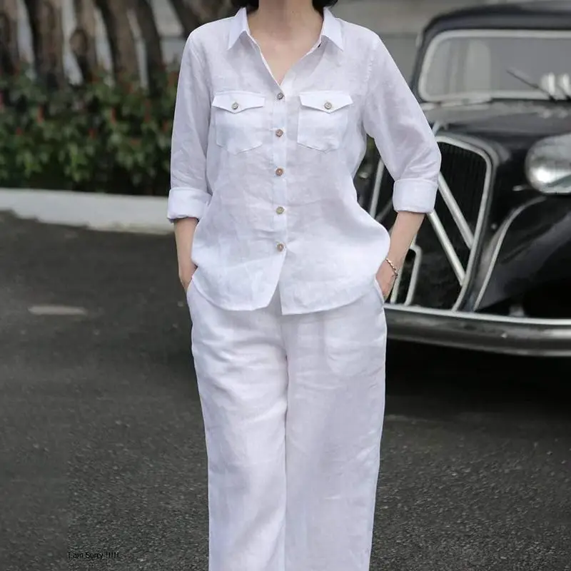 Women Elegant Lapel Neck Long Sleeve Shirt Pants Sets 2PCS Fashion Autumn Outifits Solid Work Trousers Suits Tracksuit