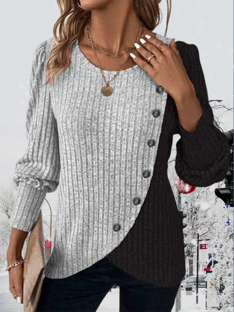 Autumn Long Sleeve Buttons Pit Striped Women Sweaters Contrast Color Long Sleeve O-Neck Pullovers Loose Simple Knitted Clothing Autumn Long Sleeve Buttons Pit Striped Women Sweaters Contrast Color Long Sleeve O-Neck Pullovers Loose Simple Knitted Clothing