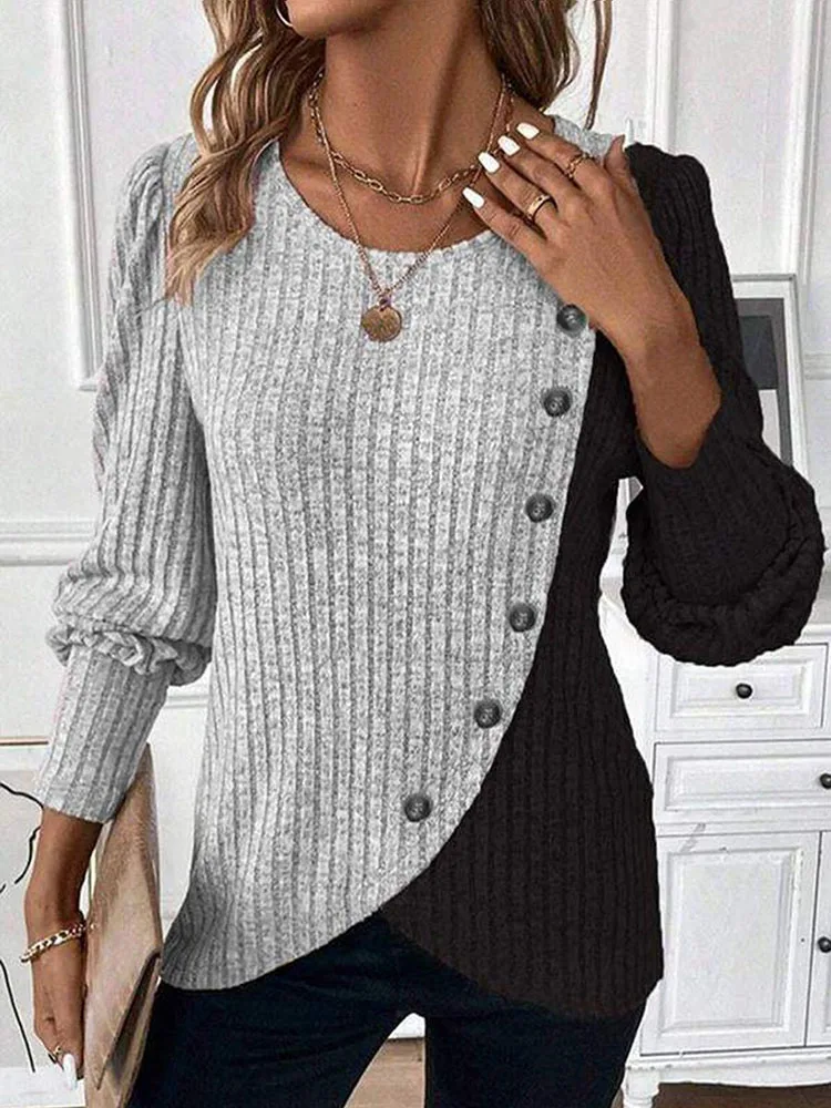 Autumn Long Sleeve Buttons Pit Striped Women Sweaters Contrast Color Long Sleeve O-Neck Pullovers Loose Simple Knitted Clothing Autumn Long Sleeve Buttons Pit Striped Women Sweaters Contrast Color Long Sleeve O-Neck Pullovers Loose Simple Knitted Clothing