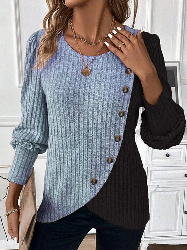 Autumn Long Sleeve Buttons Pit Striped Women Sweaters Contrast Color Long Sleeve O-Neck Pullovers Loose Simple Knitted Clothing Autumn Long Sleeve Buttons Pit Striped Women Sweaters Contrast Color Long Sleeve O-Neck Pullovers Loose Simple Knitted Clothing