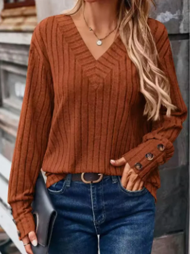 Autumn Winter Simple V-Neck Pullover Women Long Sleeved Button Knitted T-Shirt Daily Casual Solid Colors Top Autumn Winter Simple V-Neck Pullover Women Long Sleeved Button Knitted T-Shirt Daily Casual Solid Colors Top