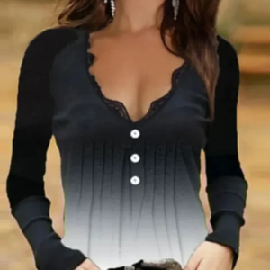 Women Black V-Neck Lace Sexy Top Long Sleeve Button T-Shirt Casual Fashion Slim Top