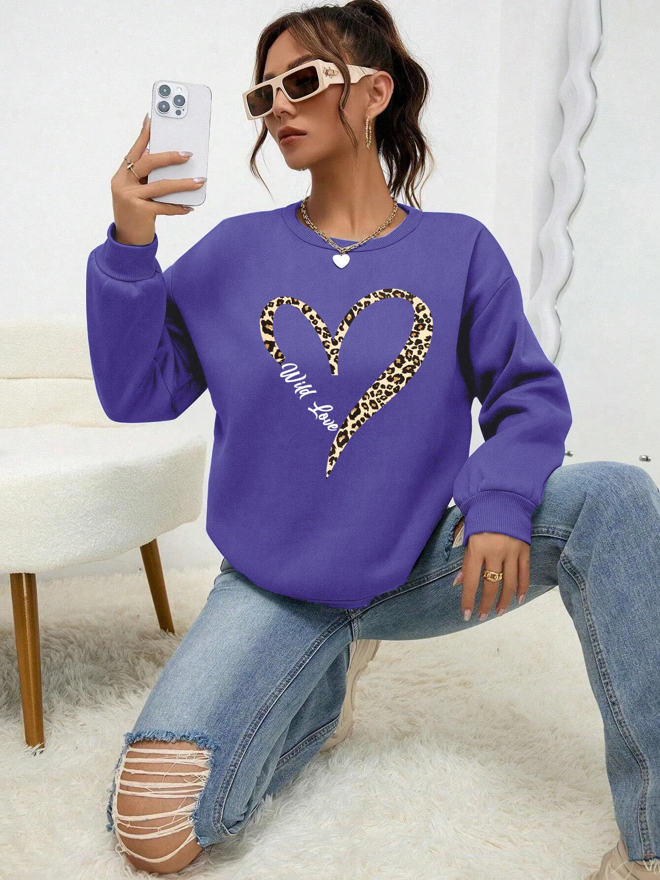Leopard Wild Heart Pattern Print Female Sweatshirt Street Fur-Liner Pullovers Hipster Clothing All-Match Crewneck Tracksuit