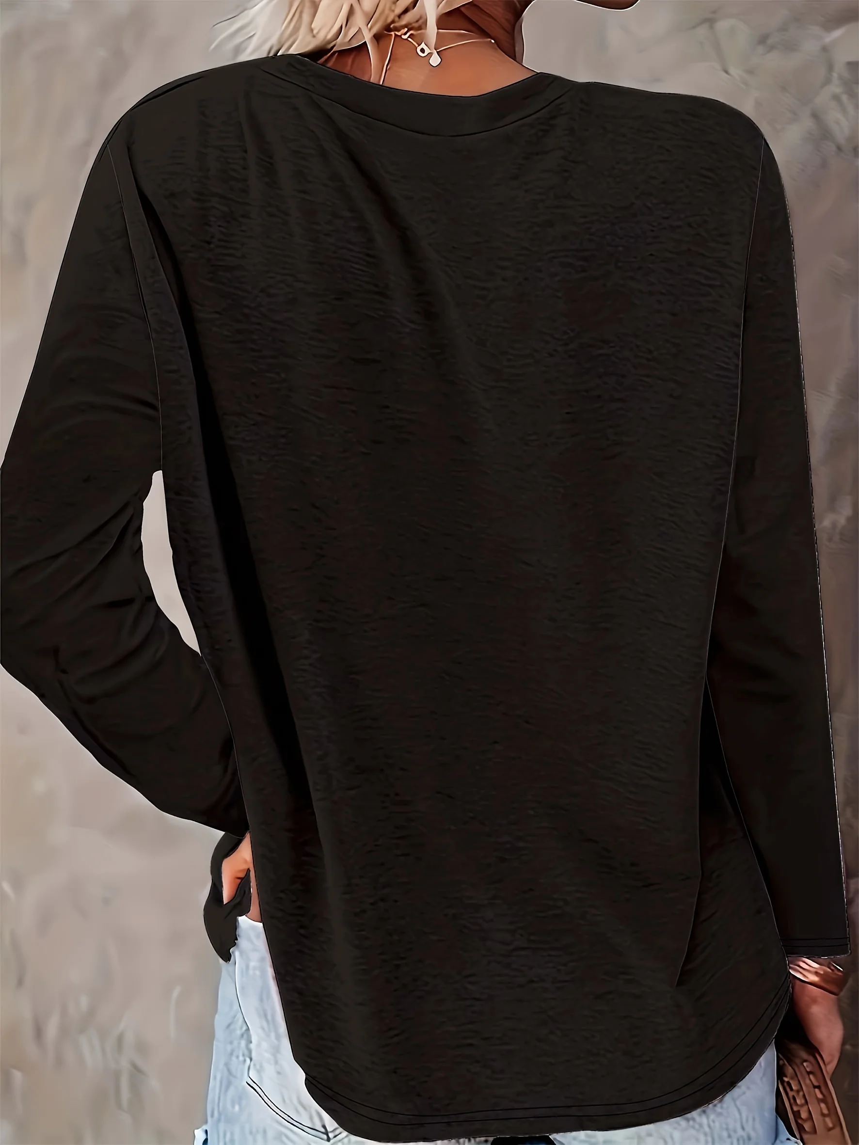 Graphic Print Crew Neck T shirt Casual Long Autumn winter top women's long sleeved T-shirt loose comfortable black