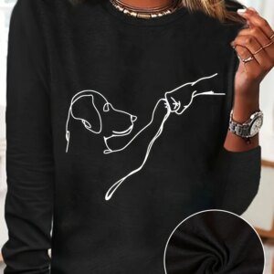 Graphic Print Crew Neck T shirt Casual Long Autumn winter top women's long sleeved T-shirt loose comfortable black