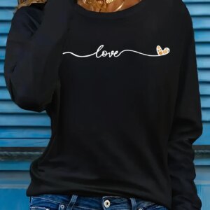 Spring and Autumn Women's New Fashion Clothes Women Black Casual Letter Printed Long Sleeve Round Sleeve T-shirt