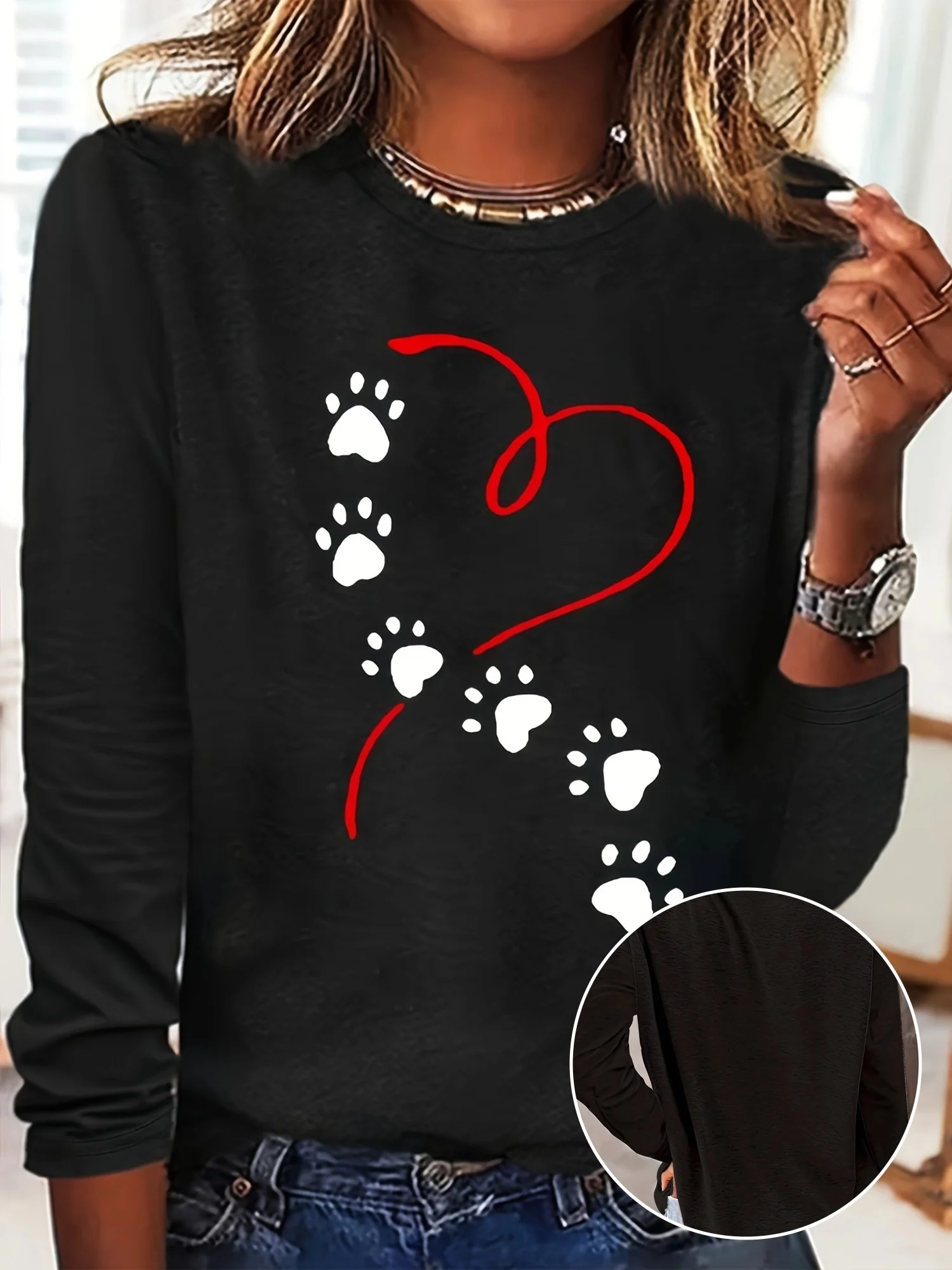 Heart Dog Paw Print T shirt Cute Crew Neck Autumn winter top women's long sleeved T-shirt loose comfortable black white