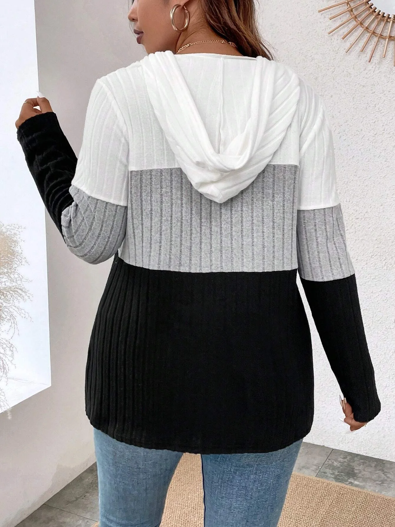 Plus-size European and American cross-border spring and autumn new  stitching contrasting hooded sweatshirt