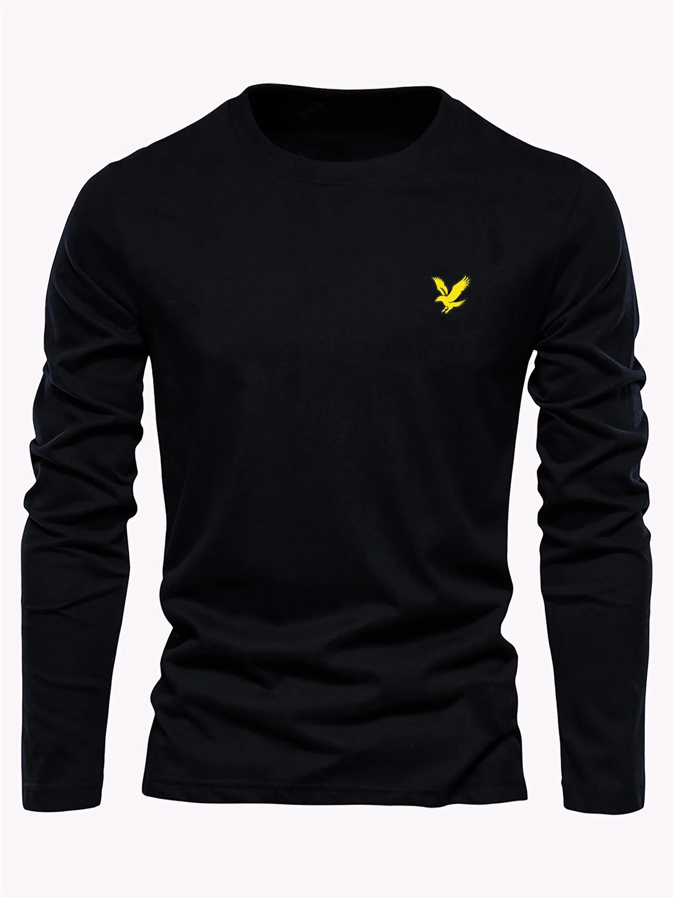 Men's 100% pure cotton loose fit comfortable casual sports eagle pattern printed round neck long sleeved T-shirt top