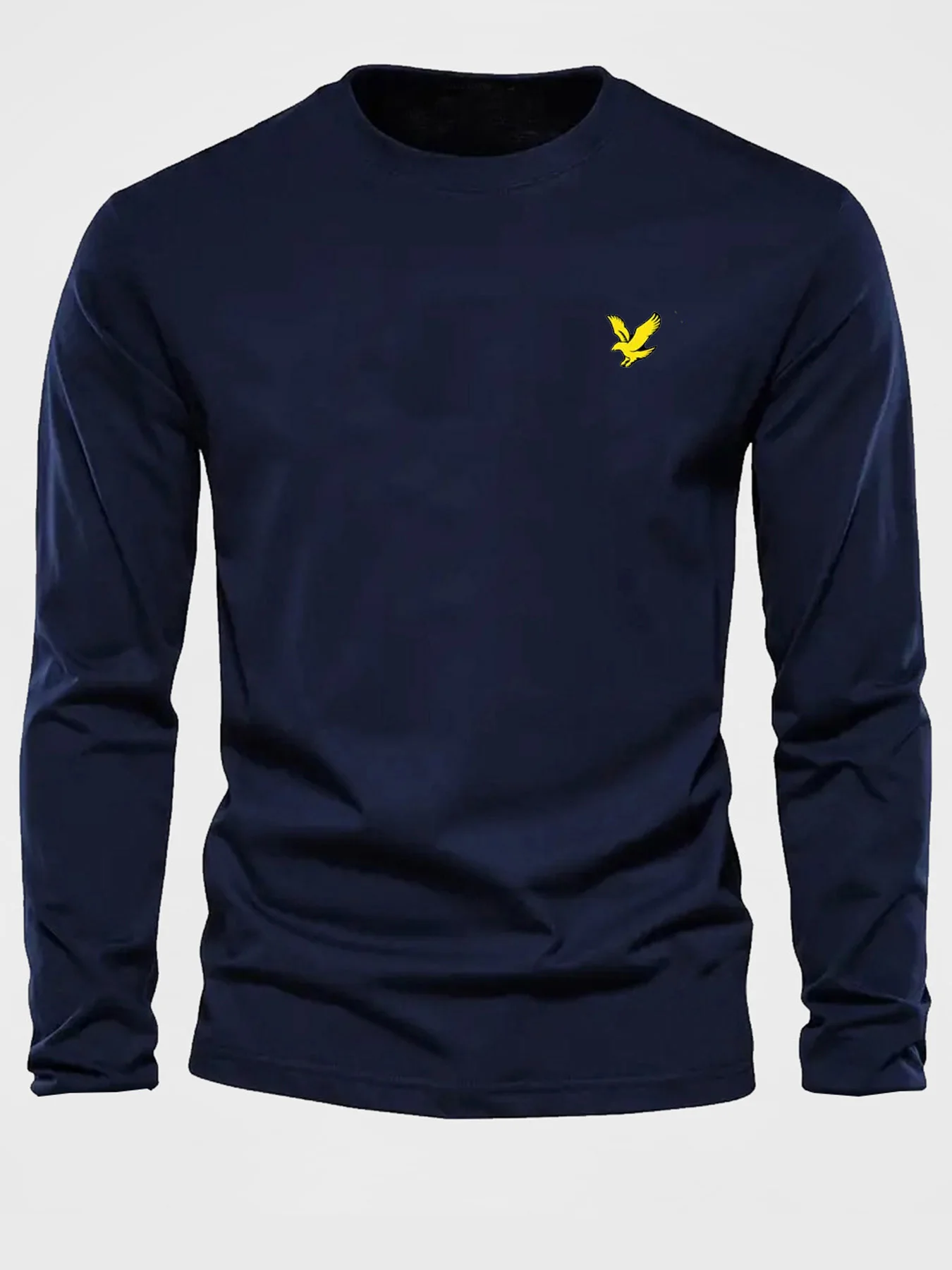 Men's 100% pure cotton loose fit comfortable casual sports eagle pattern printed round neck long sleeved T-shirt top