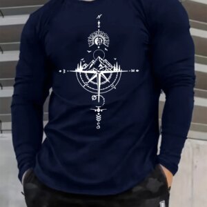 Men's 100% pure cotton loose fit comfortable sports and leisure mountain compass pattern printed round neck long sleeved T-shirt